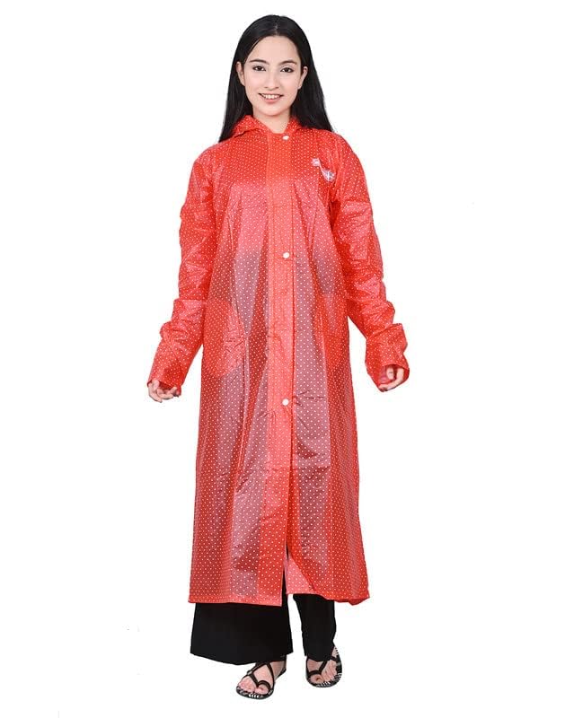w+ Red Women's Dotted Print Raincoat with Side Pocket, One-Piece Light Weight Raincoat (Medium)-picture-45