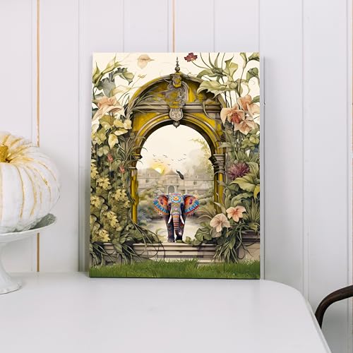 Image of PAINTINGMANTRA Stretched Canvas Painting Mughal Garden with Elephant Modern Wall for Home Decor, Living Room, Wall Decoration Paintings (Green, Size: 16x22 Inch)
