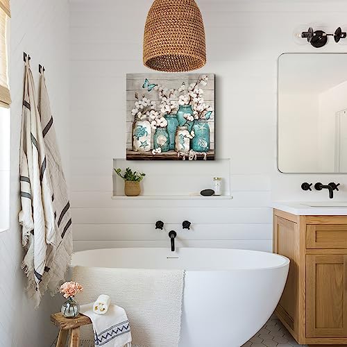 Bathroom Decor Wall Art Blue Beach Picture Ocean Theme Flower Canvas Print Modern Coastal Seascape Painting Framed Bathroom Pictures Canvas Painting Teal Bedroom Kitchen Art Home Decorations 20"x20" - Image 5