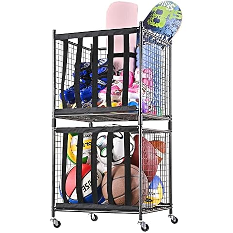 Mythinglogic Rolling Sports Ball Storage Cart, Sports Lockable Ball Storage Locker with Elastic Straps, Stackable Ball Cage for Garage Storage Garage Organizer (2 Sets) Cover