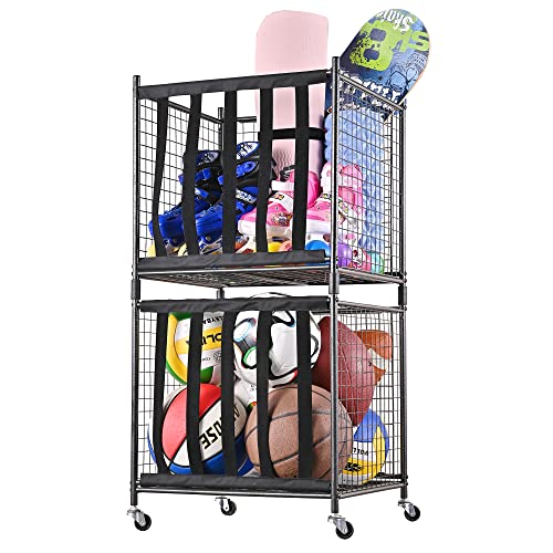 Mythinglogic Rolling Sports Ball Storage Cart, Sports Lockable Ball Storage Locker with Elastic Straps, Stackable Ball Cage for Garage Storage Garage Organizer (2 Sets