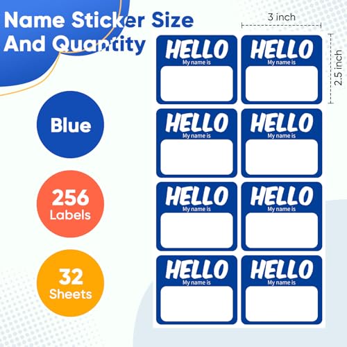 Image of 256 Pcs Name Tags Sticker 3 inchx2.5 inch Hello My Name is Stickers, Blue Name Labels Adhesive Identification Name Badges for School, Office, Meeting, Family Parties, Mailing