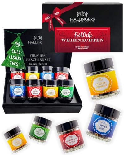 Hallingers Genuss Manufaktur Tee Geschenkset Weihnachten – 8 Sorten Premium loser Tee im Glas in edler Geschenkbox, veganes Tee Set Fröhliche Weihnachten Probierset, Geschenkidee für Frauen & Männer