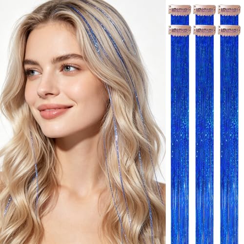 HANDWIG Royal Blue Clip in Hair Tinsel 24 Inch 75 Strands Heat Resistant Glitter Hair Extensions 6 Packs Bold Fairy Hair for 4th of July Music Festival Party