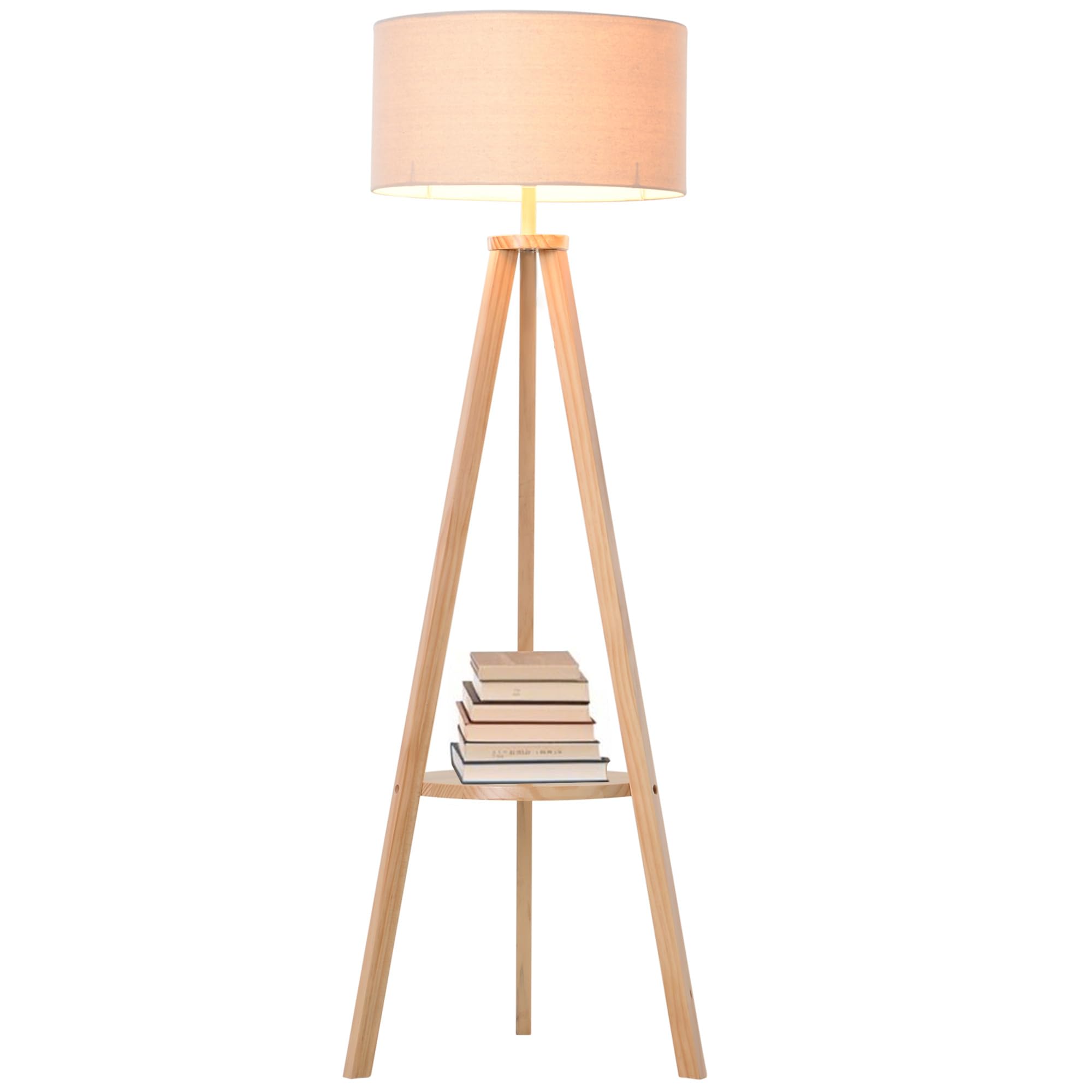 HOMCOM Free Standing Tripod Floor Lamp Bedside Light Reading Light with Storage Shelf Linen Shade for Living Room Bedroom, 154cm, Cream