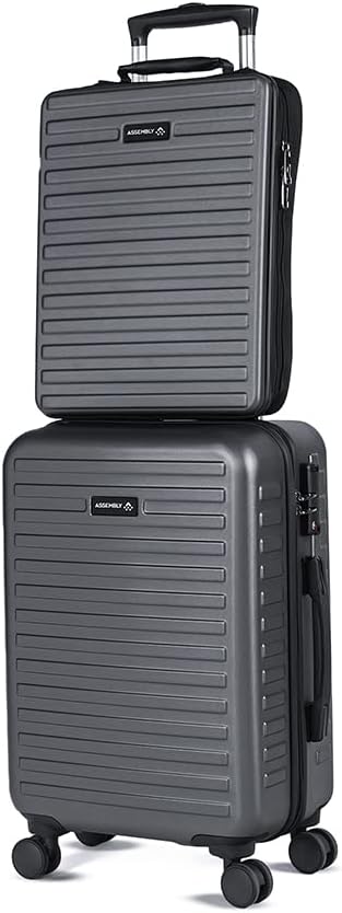 Assembly Cabin Suitcase Small & Hard Shell Laptop Bag with Flat-Lay Opening, 8 Spinner Wheels, Premium Polycarbonate Hard Shell Carry On Luggage Combo for Business Travel, Grey