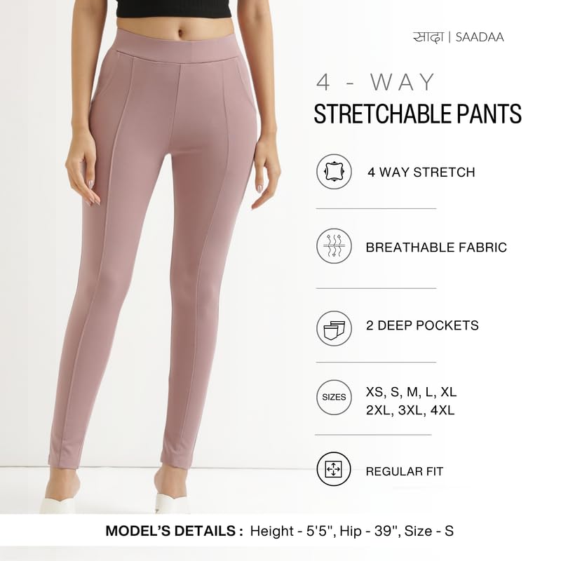 Image of SAADAA Women's Regular Fit High Rise 4-Way Stretchable Pants Yoga, Formal, and Regular Skinny High Waist Leggings 2 Deep Pockets Elastic Waistband Durable Interlock Stitching