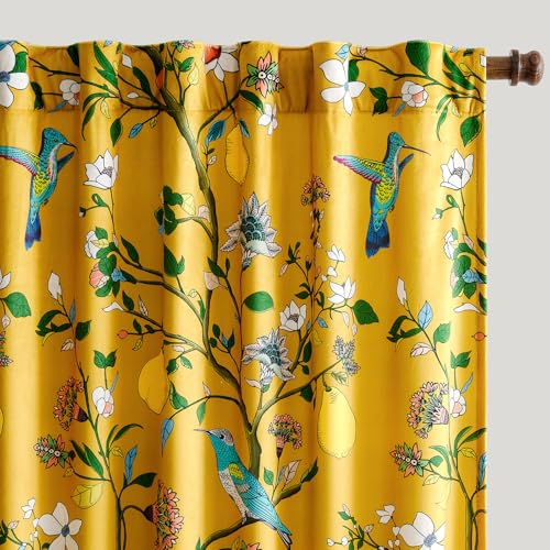 MUSSEL Velvet Whimsical Floral Curtains 63 inches Long,Mustard Yellow Luxury Botanical Room...