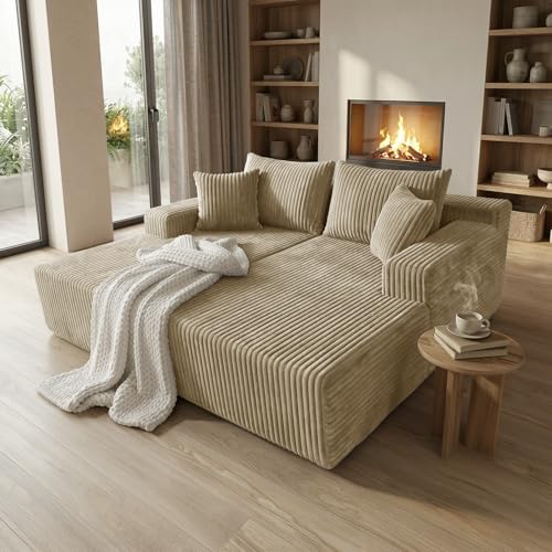 Image of Sytopia Loveseat Chaise Lounge with Armrests, Oversized Sofa Bed with 4 Pillows, Cozy Boneless Sleeper, Modular Sectional Couch for Living Room Bedroom, Floor Chair Furniture sala Corduroy
