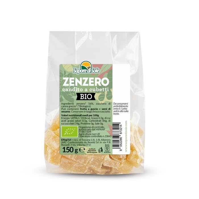 Jengibre confitado en cubos orgánicos, 150 g confitado con azúcar moreno