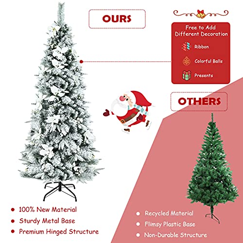 HappyGrill 6FT Skinny Pencil Christmas Tree with White Berries & Flowers, Hinged Artificial Tree with Metal Stand for Indoor/Outdoor
