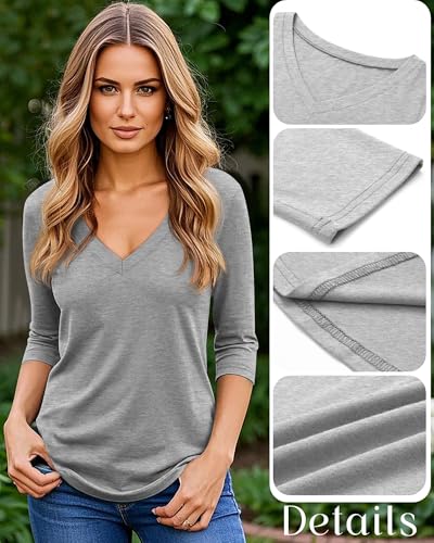 Ficerd 4 Pack Women's 3/4 Sleeve T Shirts, V Neck Casual Tunic Tops Loose Fit Cotton Shirts Solid Color Summer Tees4