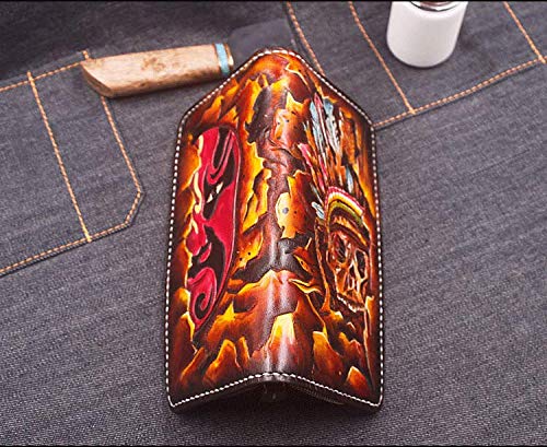 Men's 3D Genuine Leather Wallet, Long Wallet, Biker Wallet, Hand-Carved, Hand-Painted, Leather Carving, Custom Wallet, Personalized Wallet, Indian Skull And Masked Wrestler, Wwe #TOP1