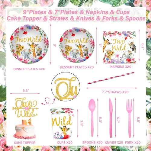 241 PCs Two Wild Birthday Decorations Girl, Hombae Jungle Safari Animal Theme 2nd Party Supplies Backdrop Balloon Garland Leaves Banner Tablecloth Cake Topper Plate Napkin Cup Straw Knife Fork Spoon