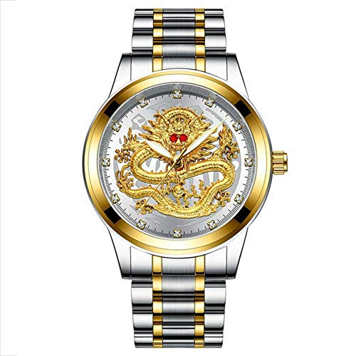 Abracing Hombre Resistente Al Agua Luminoso Reloj de Cuarzo Oro Dragón Esfera con Acero Correa de Cuero - Dorado Blanco, Steel Strap