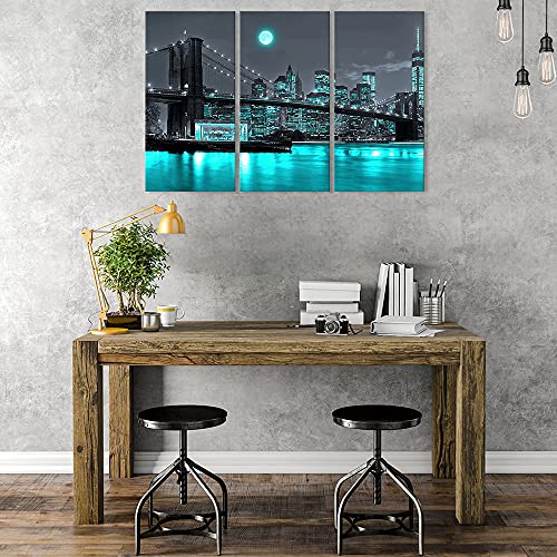 Canvbay Brooklyn Bridge Canvas Wall Art Black And White New York City Night View Moon Picture Print Teal Blue River Wall Decor Cityscape Manhattan Skyline Painting Modern Artwork For Bedroom Living Room Office Framed 16X32Inchx3Pcs #TOP2