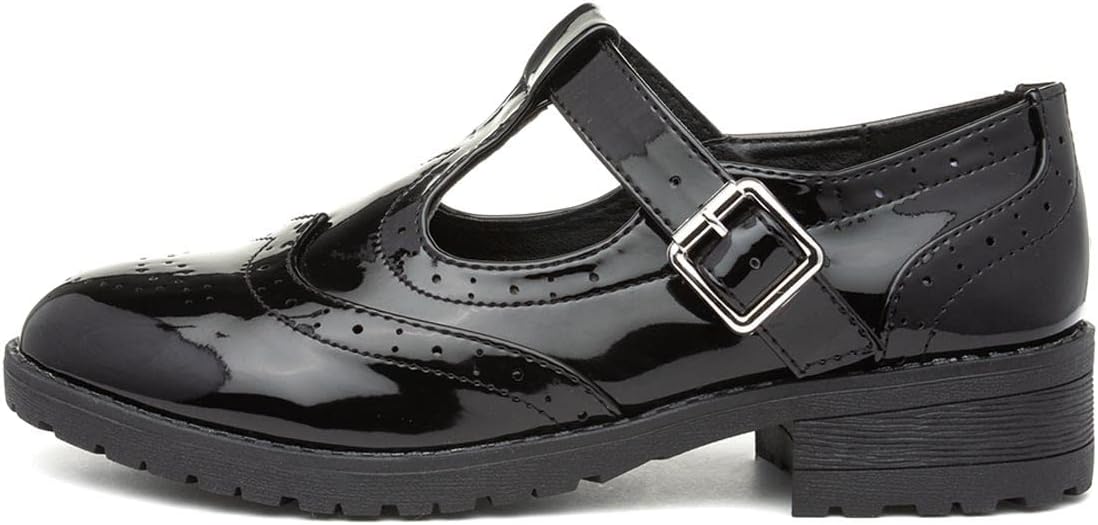 Girls Black Patent Brogue T-Bar School Shoe