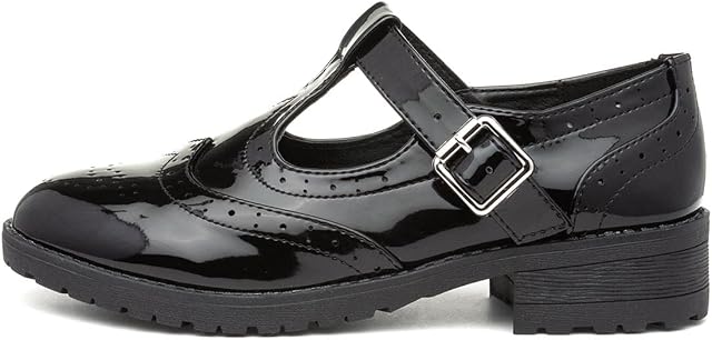 Lilley Girls Black Patent Brogue T-Bar School Shoe