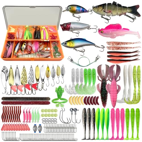 Fishing Lures - Fishing Kit Included 193Pcs Fishing Accessories and Tackle Box Frogs Minnows Soft Baits Hooks & Weights Accessories Gear Gift for Men Freshwater Bass Trout