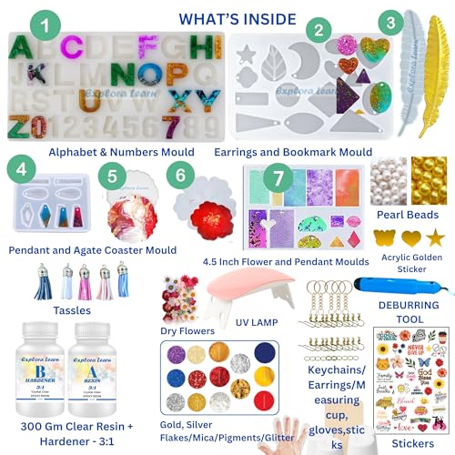 Image of exploralearn 185 Pcs Ultimate Resin Art Kit with 300g Epoxy Resin - DIY Alphabet, Jewelry, Keychains, Coasters & Bookmarks - Includes UV Lamp, Deburring Tool, Dried Flowers, Stickers & More