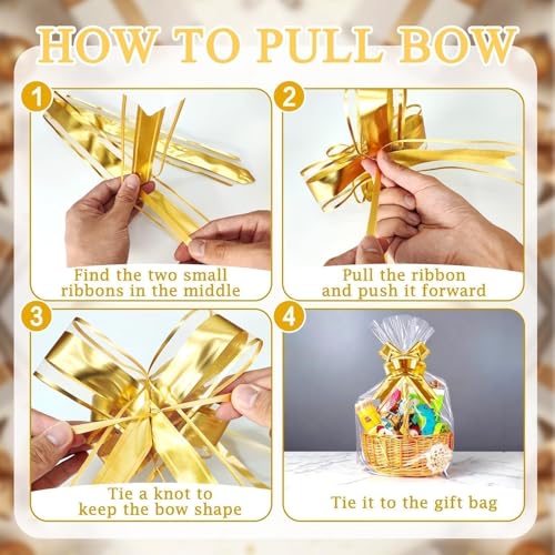 Image of PigPotParty Cellophane Bags for Gift Baskets, 30x40 in, 10 Pack, Gold Bows