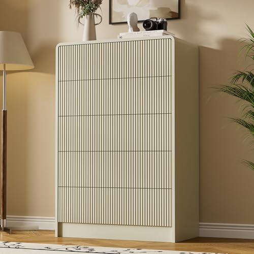 Image of Furniway Beige 5 Drawer Dresser for Bedroom, Curved Tall Dresser with Push-to-Open Design, Chest of Drawers for Bedroom, Living Room, Hallway, 15.7 inchD x 32 inchW x 47.2 inchH