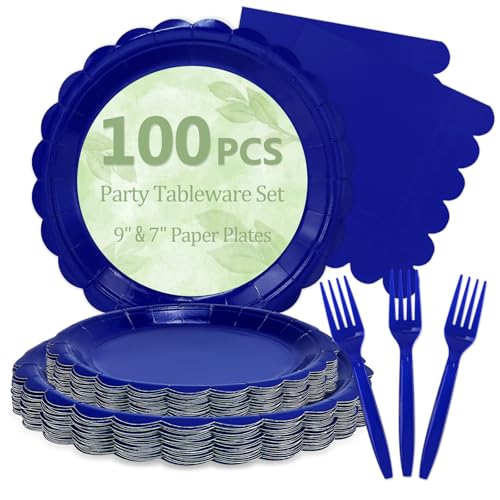Image of 100 Royal Blue Paper Plates and Napkins Disposable for Party, 25-9 inch&25-7 inch