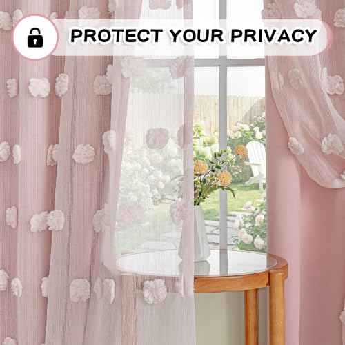 Image of MYSKY HOME Double Layer Curtains for Girls Bedroom Kids Curtain Pink Pom Pom Sheer Window Curtains 2 Panels Pink Curtains Grommet Room Darkening Solid Nursery Curtains 63 Inches Length, W52 X L63