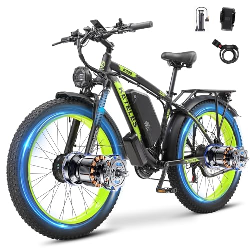 Dual Motor Electric Mountain Bike for Adults, 52V 32AH Up to 160KM Long Range E Bike, Dual Hydraulic Brakes, 26" Fat Tire 21-Speed Electric Bicycle for Off-Road, Commute, Cargo (Black and Green) option