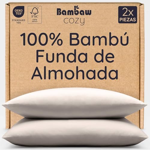 Bambaw Funda de Almohada Bambu 40x60 cm, Pack de 2, Funda Almohada Bambu Antiacaros, Sabanas Termorreguladora Bambú, Sábanas Frescas para Verano e Invierno, Certificado Oeko-Tex (Arena)