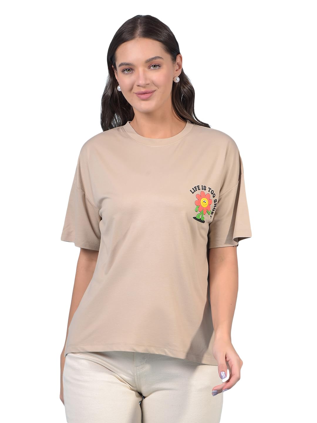 Women's Beige Graphic Print Oversize T-Shirt-image-45