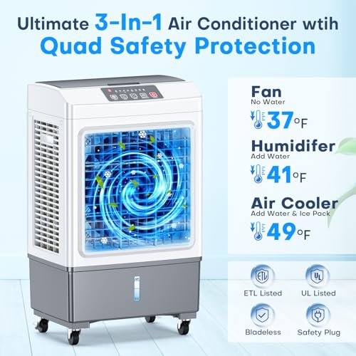 Image of 3600CFM Swamp Cooler Air Conditioner, 12Gal Dual Tank, 120 Oscillation for 1000Sq.ft Cooling Evaporative Air Cooler w / 3Modes&3Speeds, Timer, Windowless Portable Air Conditioner for Bedroom