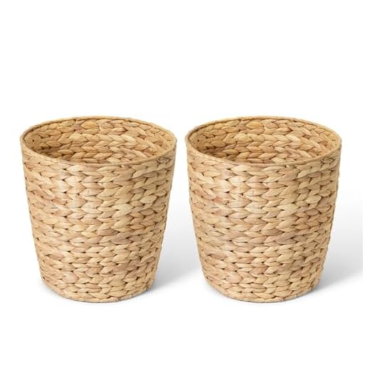 SNOWECRAFT 2-Pack Woven Waste Basket for Bathroom, Bedroom, or Living Room | Wicker Wastebasket Style Handwoven Basket Made from Water Hyacinth | Modern Boho Storage Basket
