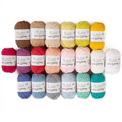La mia Mini Cottony 20 Skein 100% Cotton Mini Yarn, Total 17.6 Oz Each 0.88 Oz (25g) / 65 Yrds (60m), Light, Dk, Worsted Assorted Colors Yarn