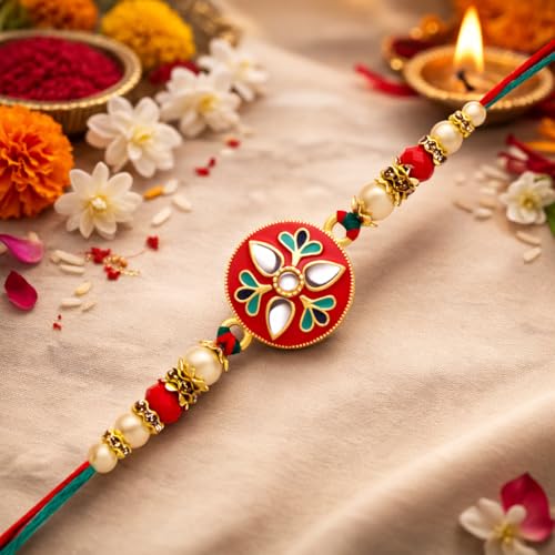 Image of Riddhika Ventures Glorious Gold Plated Auspicious Diamond Ring Rakhi with Roli Chawal and Greeting Card