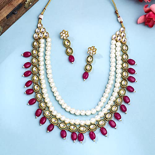 Kundan Pearl Beaded Necklace & Drop Earrings Set, Birthday Gift