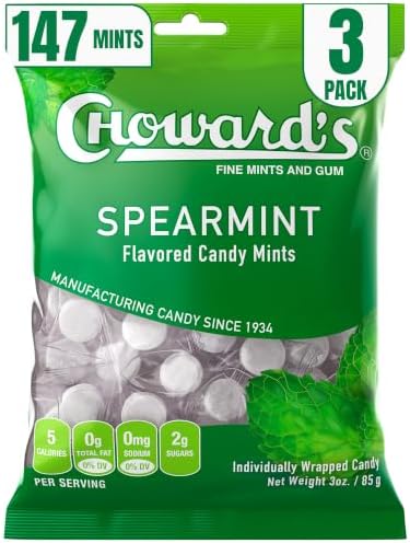 Choward's 3oz Spearmint Candy Bags 3 Pack | 49 Pieces Individually Wrapped Candy Mints | Nostalgic Spearmint Candy Bags | Perfect for Snacks in Lunchboxes, Pockets, Goodie Bags, and Birthday Parties