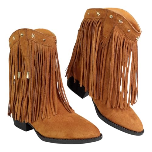 Women Fringe Cowboy Cowgirl Boots Pull On Western Mid Calf Fashion Booties Boots3