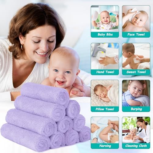HOMEXCEL Baby Washcloths 12 Pack-Microfiber Coral Fleece Baby Bath Face Towel 7 x 9 Inch Extra Absorbent Soft Burp Cloth and Wash Cloths for Newborn-Infants and Toddlers,Purple - 3
