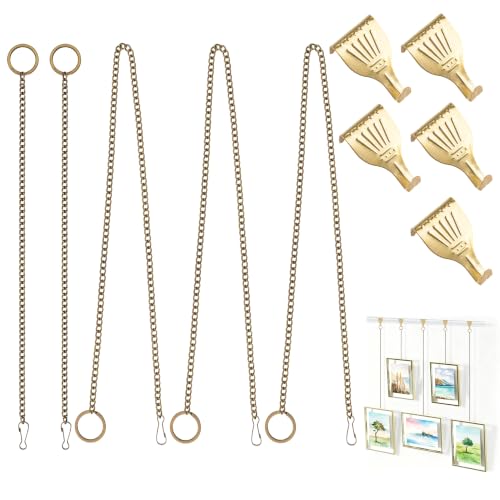 Image of Picture Hanging Kit - 5Pcs Frame Rail Hooks with 5Pcs Chains, Art Display Hanging System in Two Sizes for Wall Picture, Exhibition(Bronze, 30CM & 60CM)