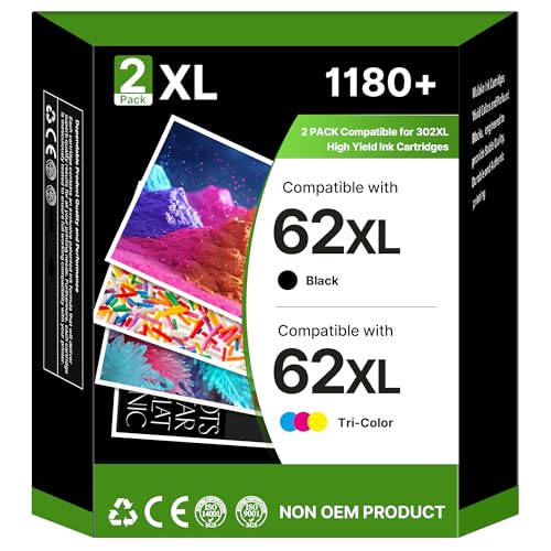 62XL Ink Cartridge Twin Pack Ink Cartridges Replacement for HP 62 62XL Ink for HP Envy 5540 5542 5543 5544 5545 5546 5640 5642 OfficeJet 200 250 258 5740 5744 8040 8045 printers (1Black 1Tri-Colour)