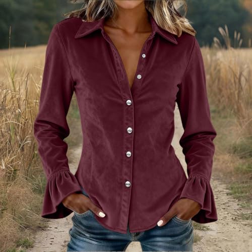 Carydety Women's Velvet Tops Slim Fit Button Down Shirt with Ruffle Cuffs - image 2
