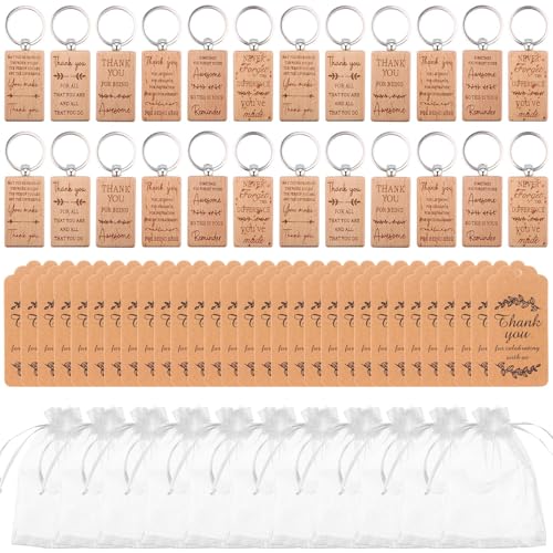 CCCYMM 90 llaveros de agradecimiento para empleados, llaveros inspiradores de madera a granel con tarjetas de agradecimiento, bolsas de malla blanca para colegas, mujeres, hombres, personal y