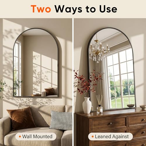 Image of Antok Arched Bathroom Mirror, 24 inchx36 inch Wall Mounted Mirror, Vanity Mirrors for Over Sink, Aluminum Alloy Frame Bathroom Mirrors Living Room, Bedroom and Entryway, Black