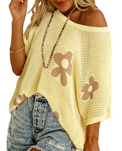 Image of SELINK Flower Crochet Tops for Women Short Sleeve Hollow Out Sweaters Swimsuit Cover Ups Lightweight Knit Pullover