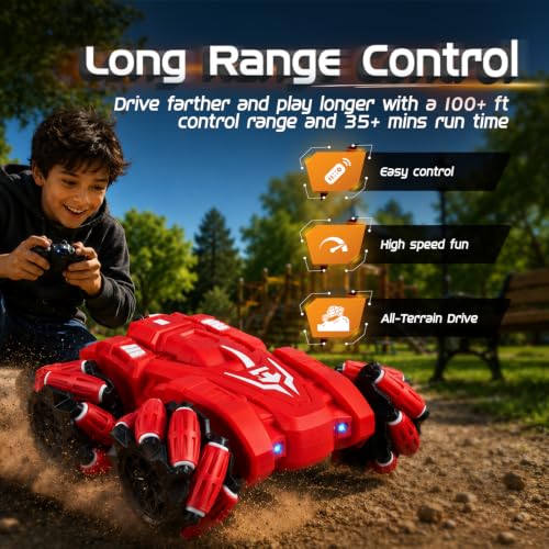 Image of Amazon Brand - Jam & Honey Remote Control Drift Stunt Car Toy | 4x4 RC Car for Kids & Adult | High Speed Racing Car | Omni-Directional Wheels | 360 Rotation | RGB Lights Music | Red