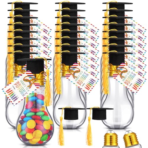 PullCrease 24 Sets Graduation Clear Plastic Light Bulb Jars with Tassels Caps and Bright Future Cards Fillable Light Bulb Candy Container Bulk for Crafts 2026 Graduation Party Favors