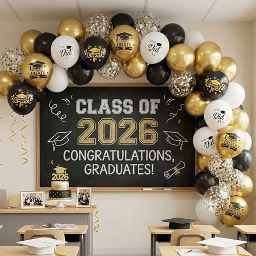 Image of Graduation Balloons, 50 Pcs Black Gold for Class of 2026 Grad Party Decor