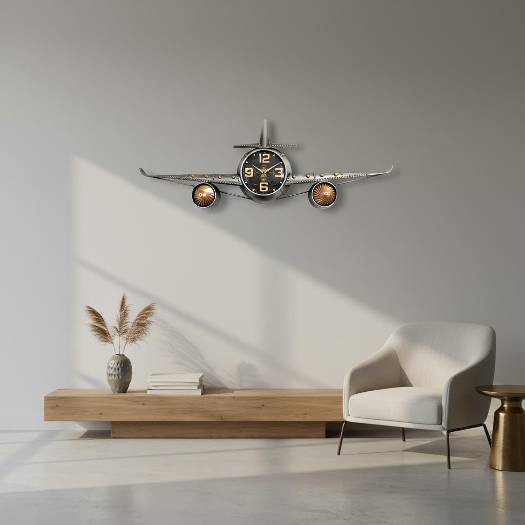 Reloj de Metal Estilo avión con Detalles Vintage y Esfera Negra