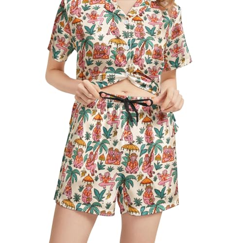 Image of Funny Pajamas for Women Set Print Satin Loungewear Pjs Short Sleeve Button Down Top and Shorts Sets Sleepwear XS-3XL